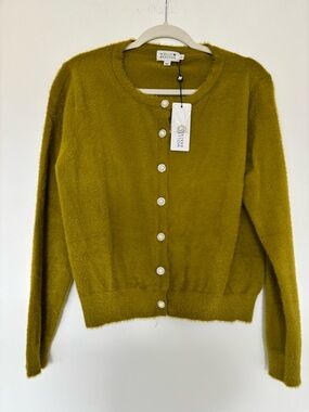 Molly Bracken Chartreuse Fuzzy Pearl-Button Cardigan BNWT